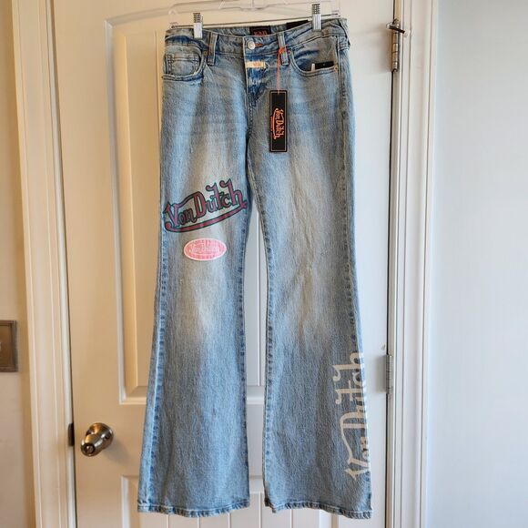 VON DUTCH Low Rise Bootcut Patch Embroidered Jeans Light Wash Y2K Size 26 NWT - Picture 1 of 9